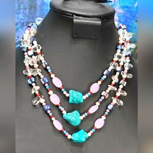 Triple Strand Turquoise, Glass & Gems Gemstone Vintage Necklace